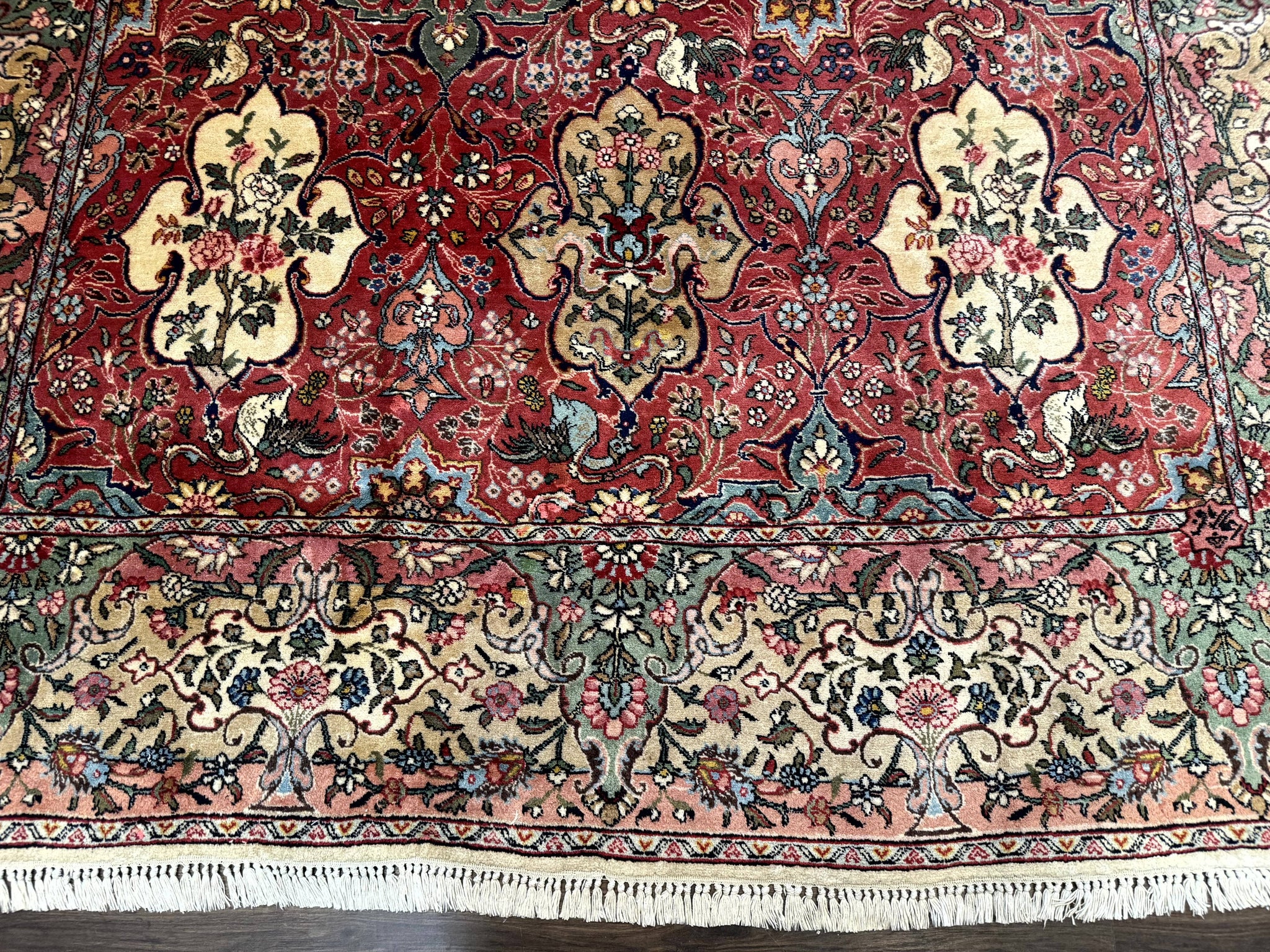 Antique Tabriz Persian Rug 7x10, Red Cream Tan, Unique Design, Fine 270 KPSI, Birds, Floral by Jewel Rugs