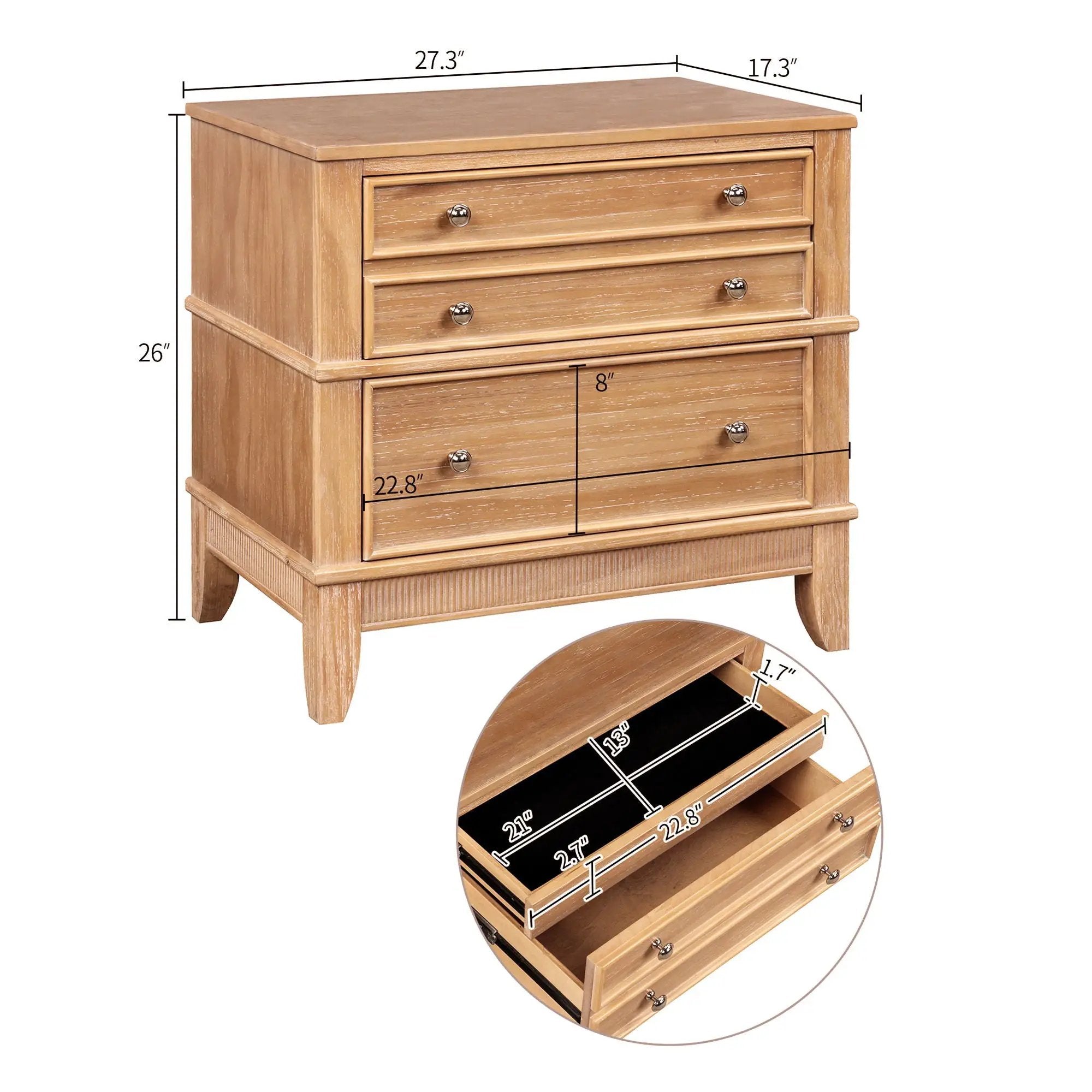 Hazel - 3 Drawer Side Table For Living Room, Hallway, Entryway Solid Wood With Silver Handles - Natural by Unique Piece Furniture