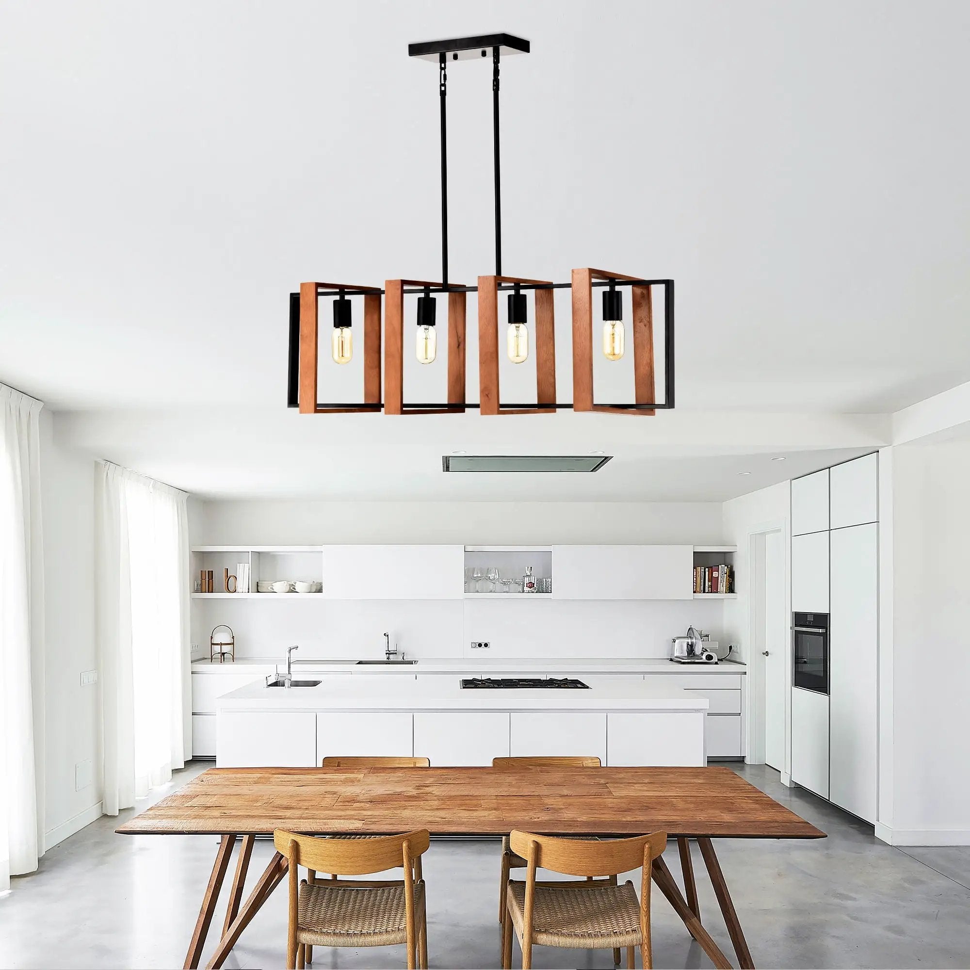 4 Light Kitchen Island Lights Pendant Light Farmhouse Dining Room Light Fixture, Rectangular Chandelier, 36" Hanging Lighting For Living Room, Conference Room, Home Office - Matte Black by HouseOfZazla