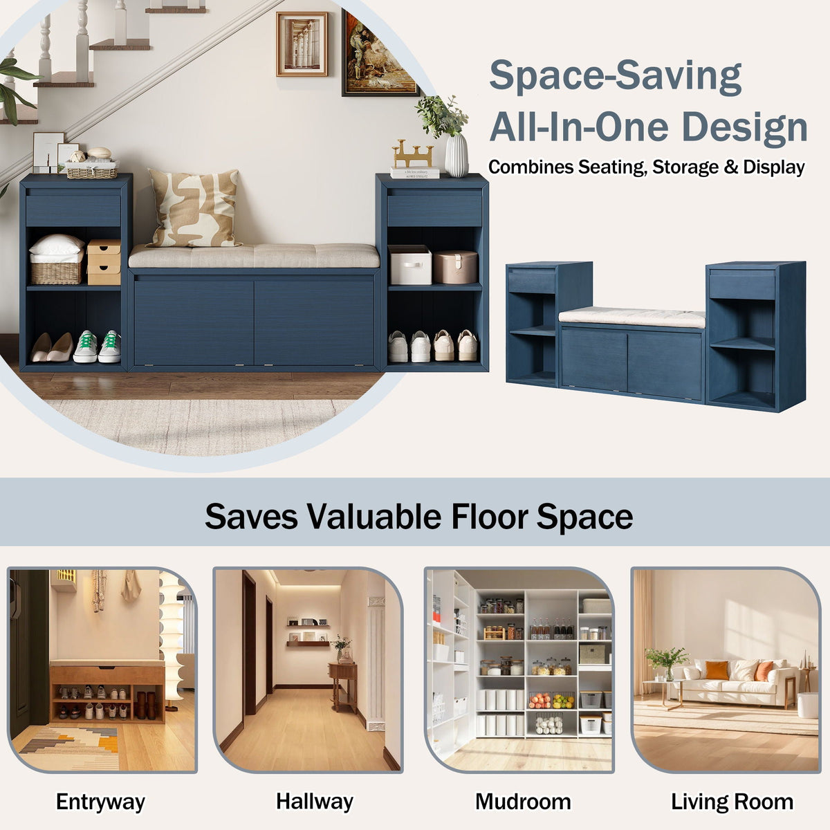 Entryway Storage Bench With Cushion, Drawers & Open Shelves, photo 18 of 25