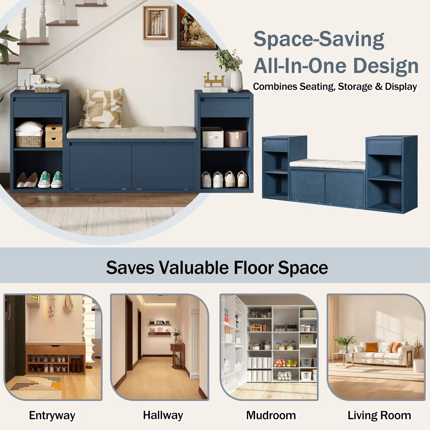 Entryway Storage Bench With Cushion, Drawers & Open Shelves by Unique Piece Furniture