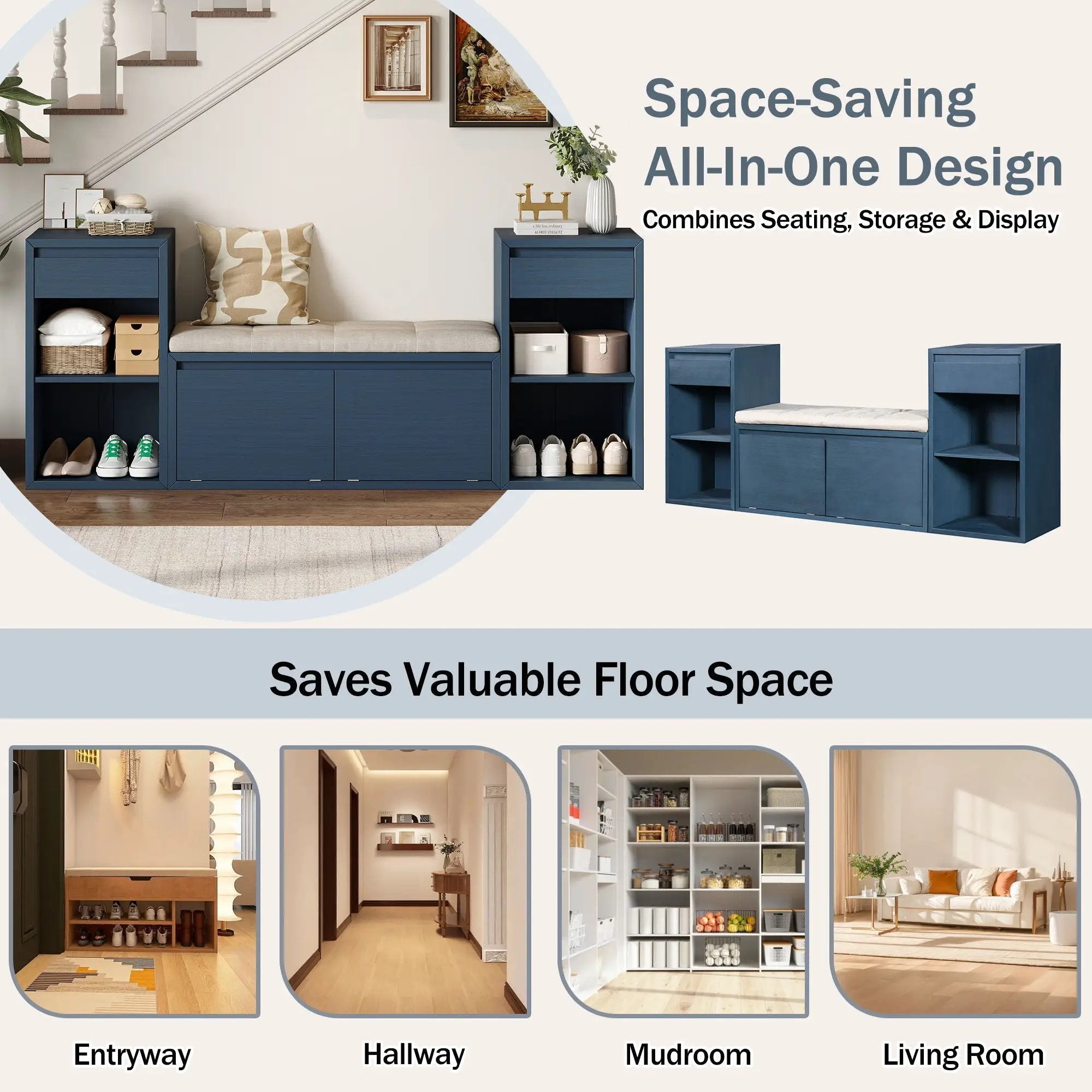 Entryway Storage Bench With Cushion, Drawers & Open Shelves by Unique Piece Furniture