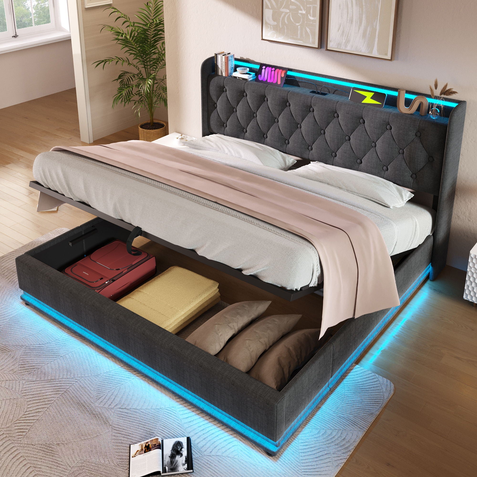 Upholstered Bed, 360 Surround LED Function, Remote Control, Hydraulic Storage Bed With USB, Type-C Charging (Without Mattress) by HouseOfZazla