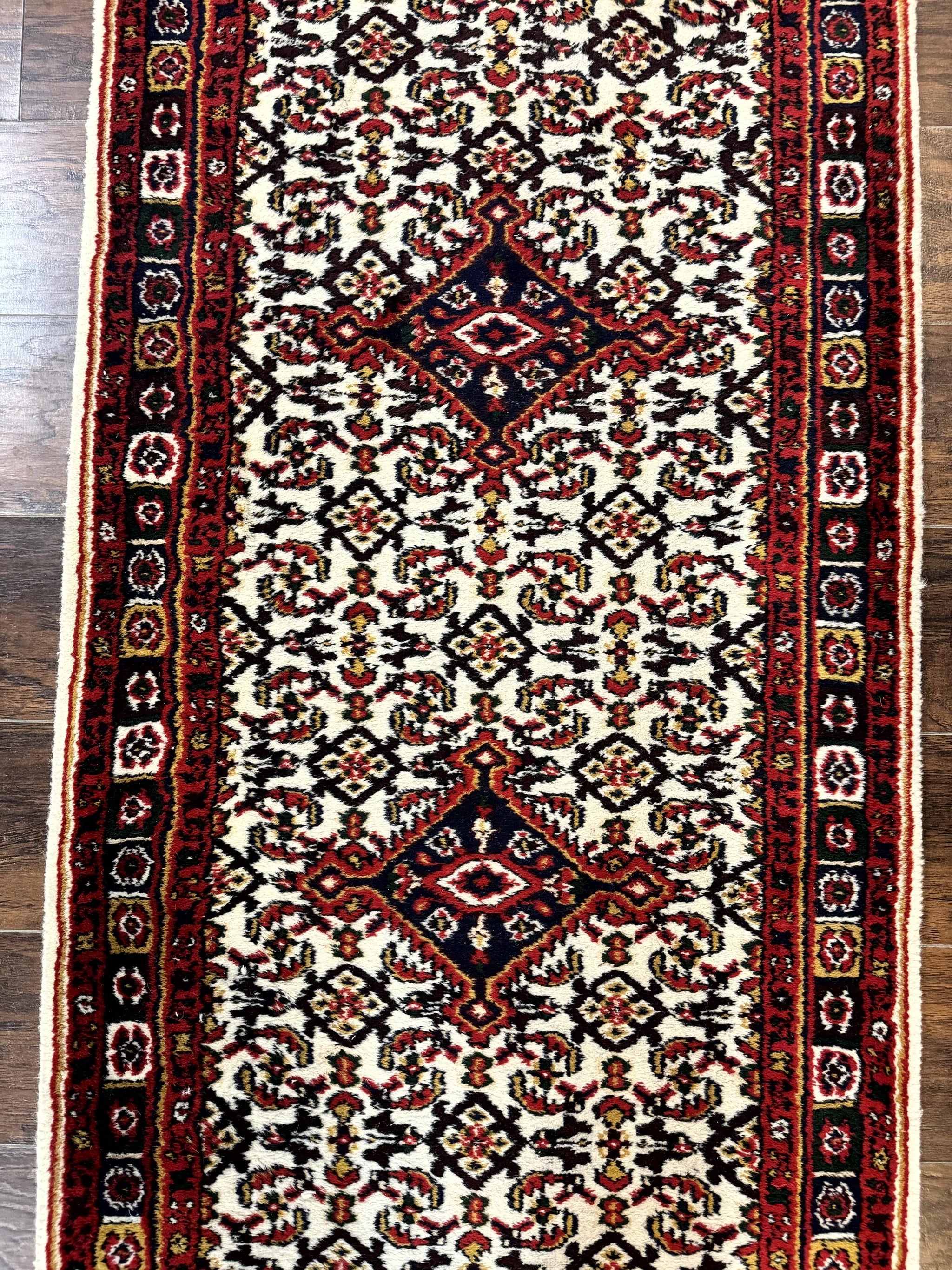 Indo Persian Bidjar Runner Rug 2.8 x 10, Vintage Rug for Hallway, 10ft Runner, Wool Handmade Ivory and Red, Medallions by Jewel Rugs
