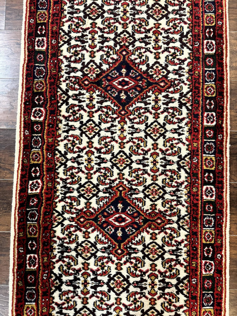 Indo Persian Bidjar Runner Rug 2.8 x 10, Vintage Rug for Hallway, 10ft Runner, Wool Handmade Ivory and Red, Medallions by Jewel Rugs