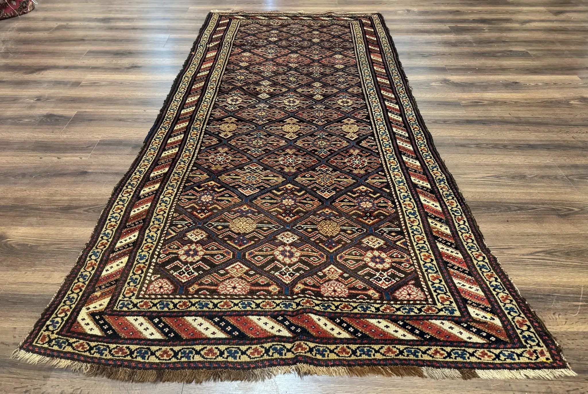 Antique Persian Wide Runner Rug 4x9, Kurdish Rug, Panel Design, Rainbow Border, Rare Tribal Rug by Jewel Rugs
