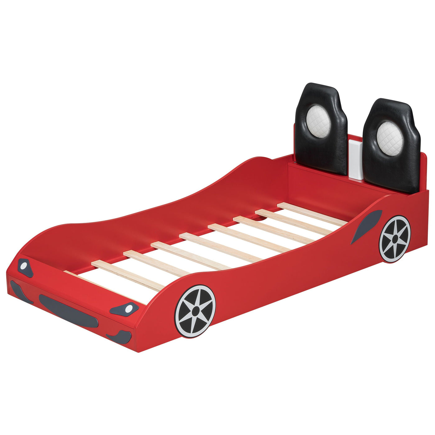 Race Car Shaped Platform Bed With LED And Upholstered Backrest In by HouseOfZazla