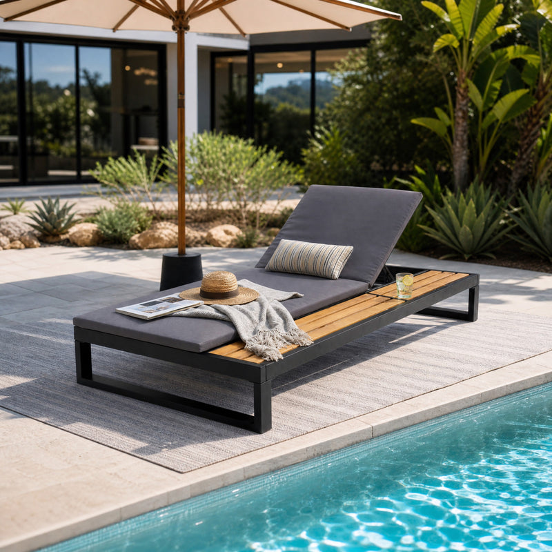 Black Iron & Teak Finish Chaise Lounge Set by HouseOfZazla