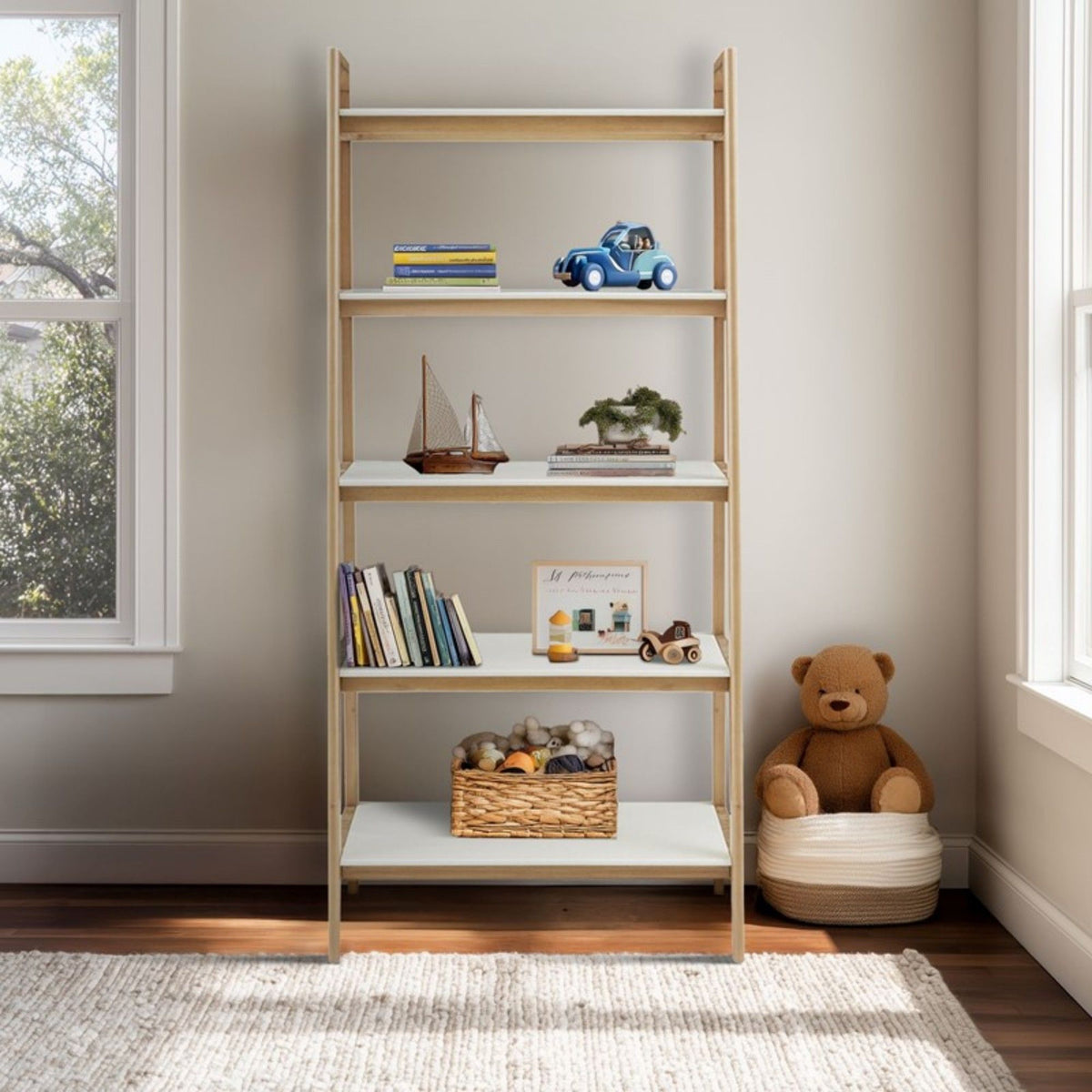 Off White & Natural Ladder Bookcase with 5 Shelves - Solid Wood Frame, photo 7 of 9