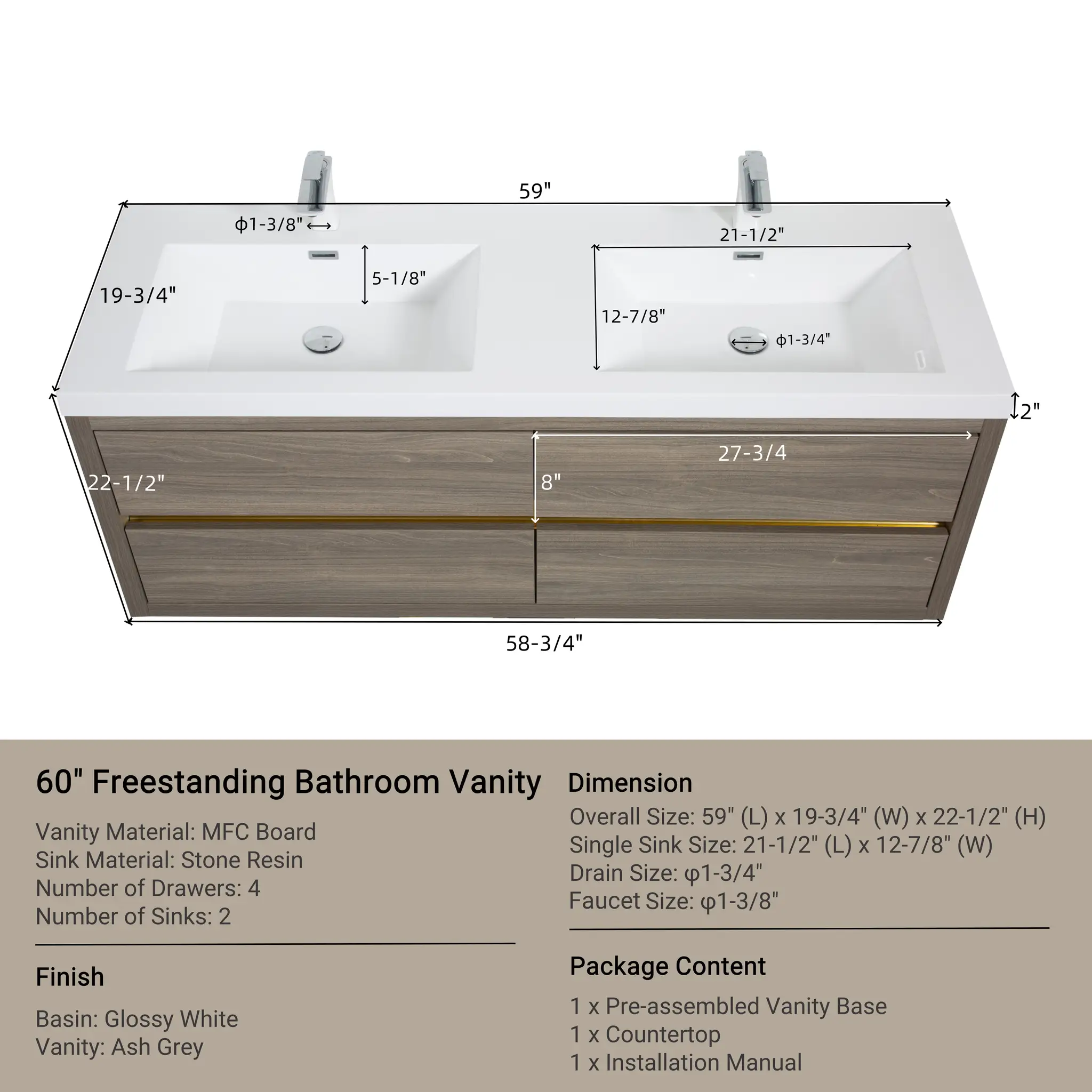 60" Wall-Mounted Bathroom Vanity with Double Sinks and Floating Storage by HouseOfZazla