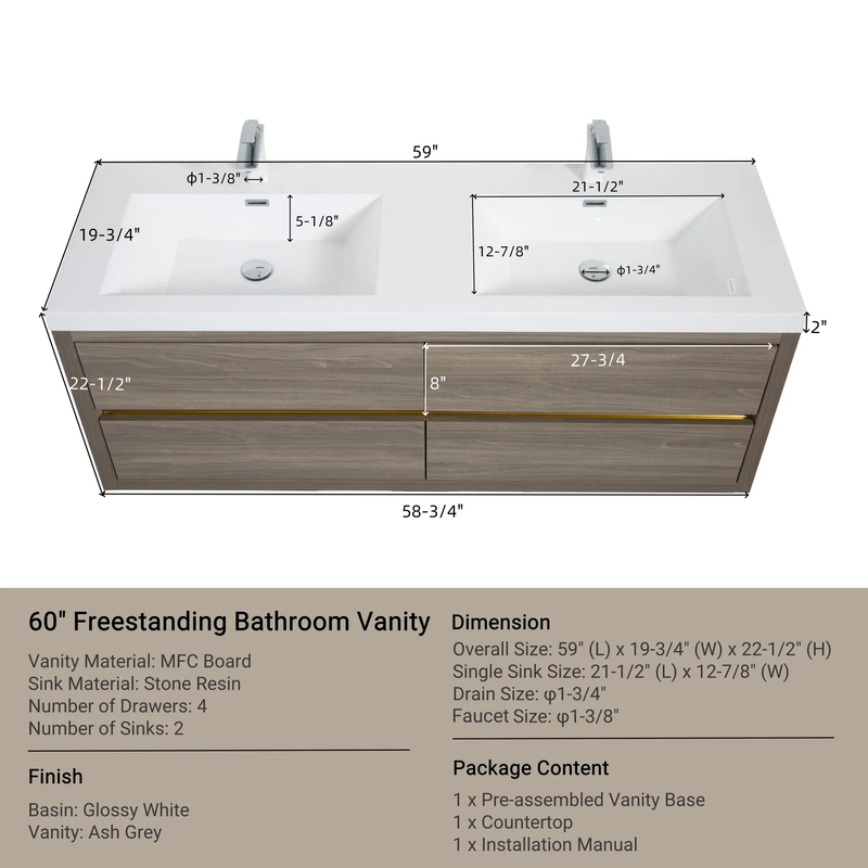 60" Wall-Mounted Bathroom Vanity with Double Sinks and Floating Storage by HouseOfZazla