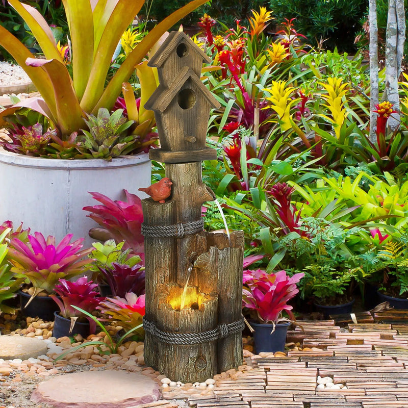 Outsunny - Outdoor Fountain With Birdhouse, Cascading Garden Waterfall Bird Bath With 3 Tier Rustic Tree Trunk / Log Design, LED Lights For Porch, Deck, Yard Decor - Brown by HouseOfZazla