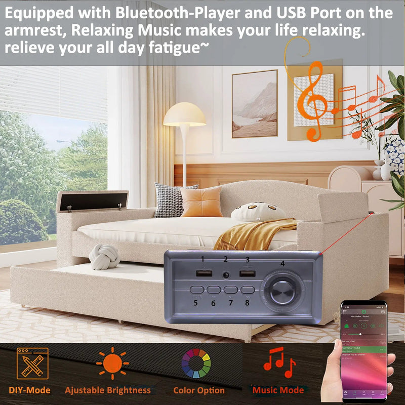 Upholstered Daybed With Storage Armrests, Trundle And Latest Integrated tooth Audio System by HouseOfZazla