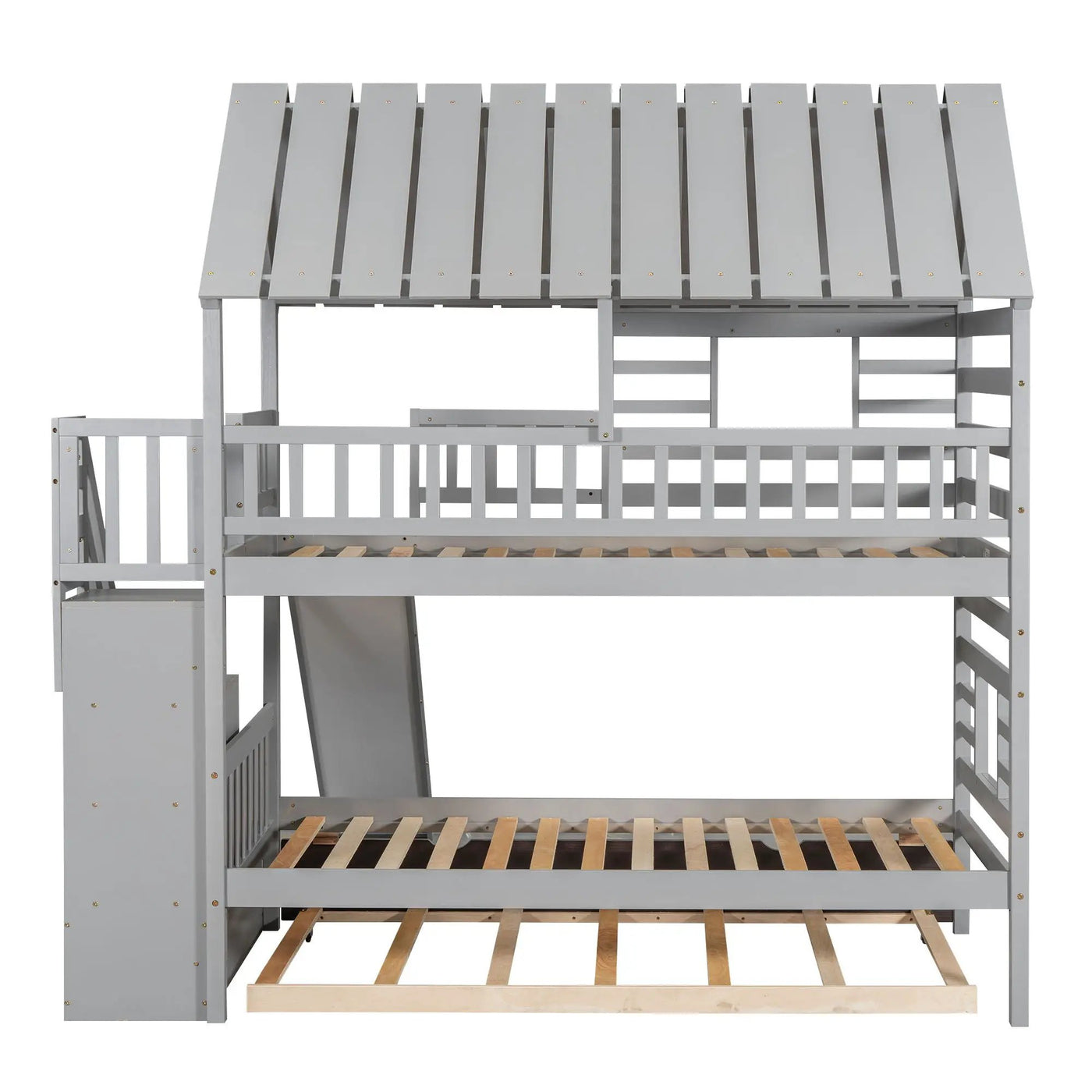 House Bunk Bed With Trundle, Storage Staircase, Roof And Window Design by HouseOfZazla