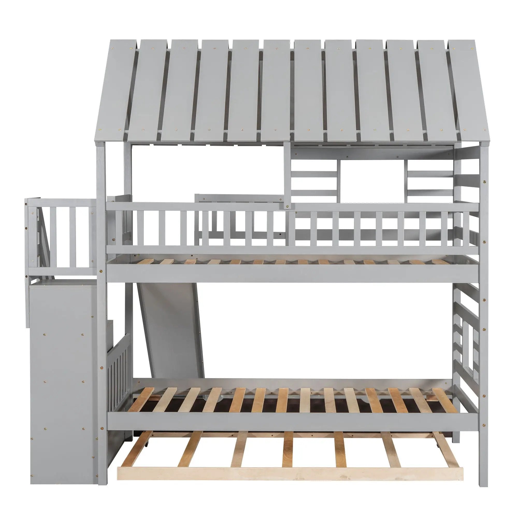 House Bunk Bed With Trundle, Storage Staircase, Roof And Window Design by HouseOfZazla
