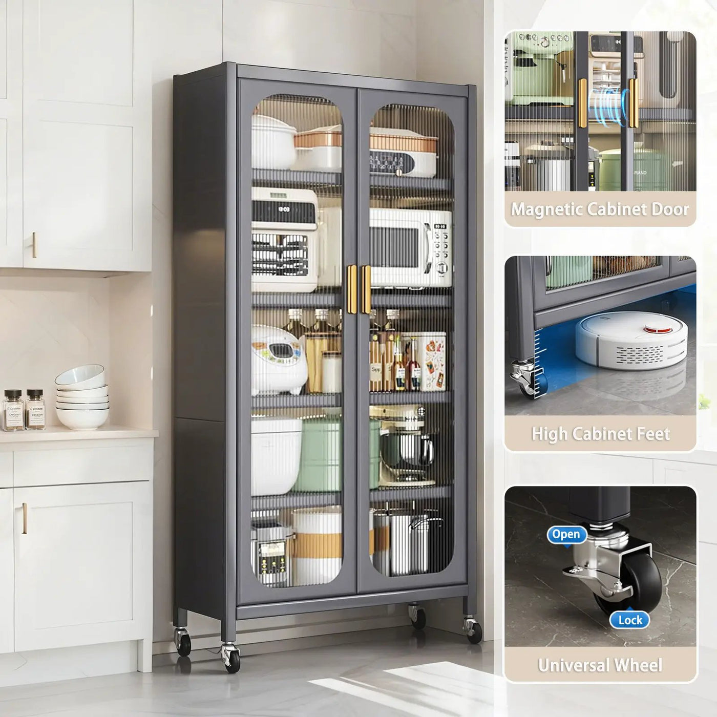 6 Tier Storage Cabinet With Transparent Door, Adjustable Shelves & Wheels by Unique Piece Furniture