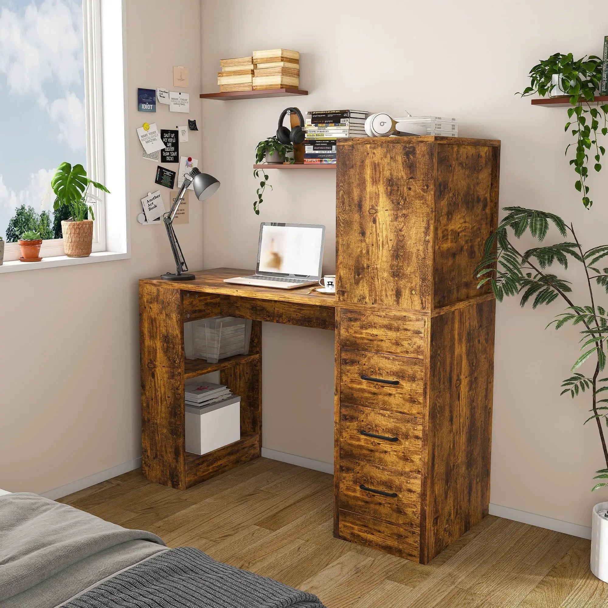 Computer Desk With 4 In 1 Socket & 3 Drawers, 4 Tier Shelves by HouseOfZazla