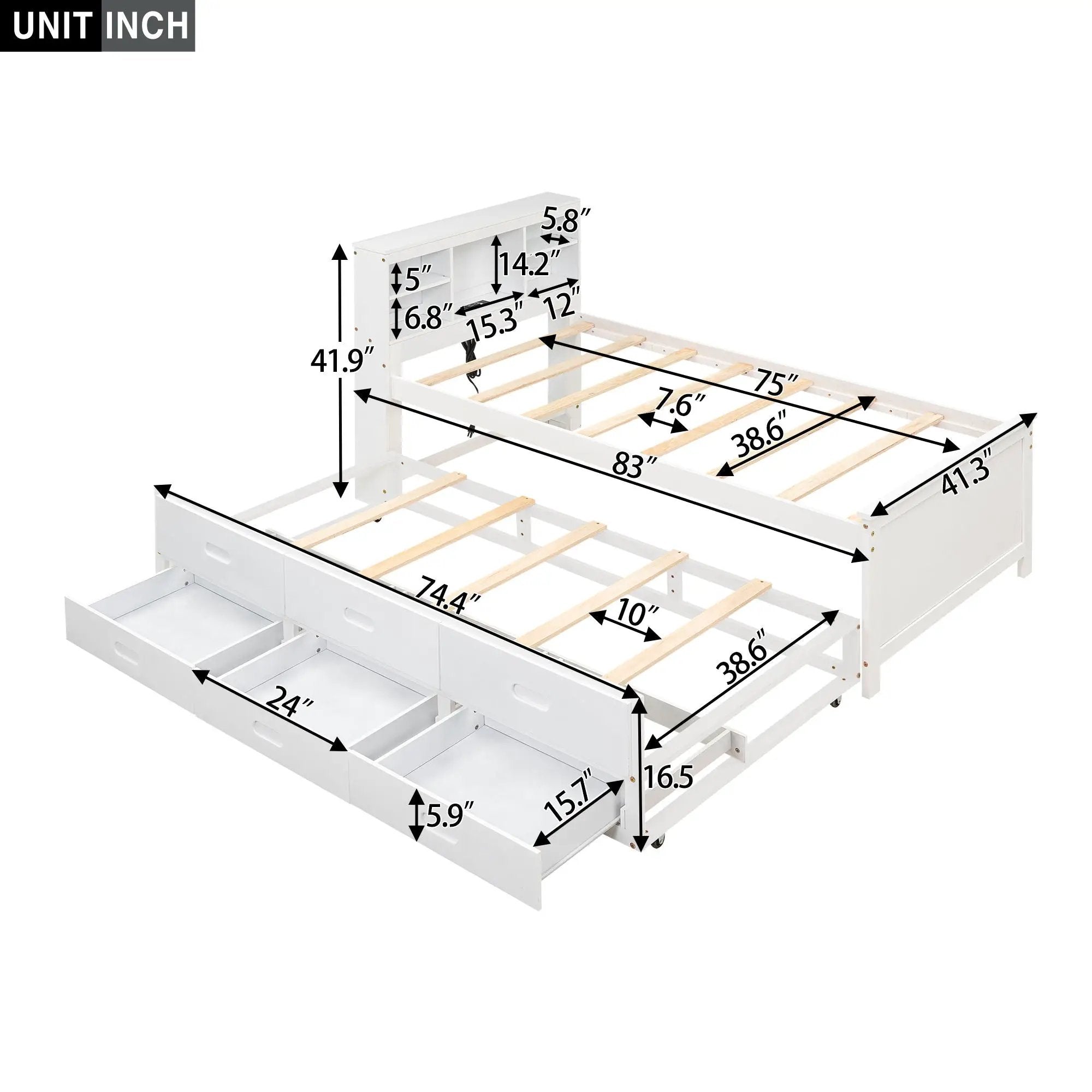 Platform Bed With Storage Headboard, USB, Trundle And 3 Drawers by Unique Piece Furniture