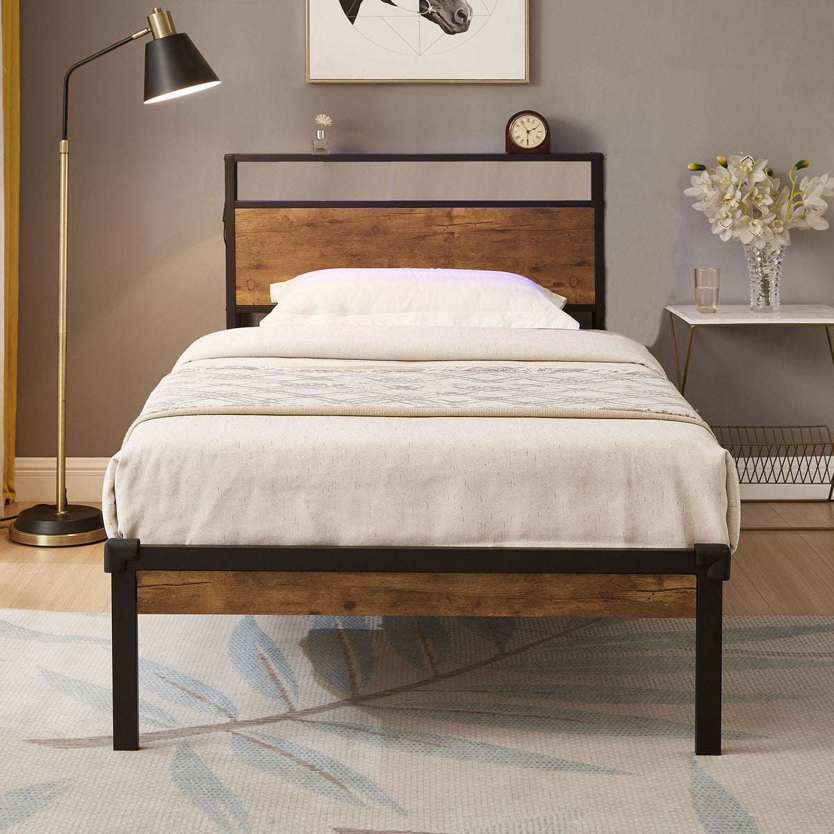 Platform Bed Frame With Wooden Headboard And Footboard, USB Liner, photo 10 of 14