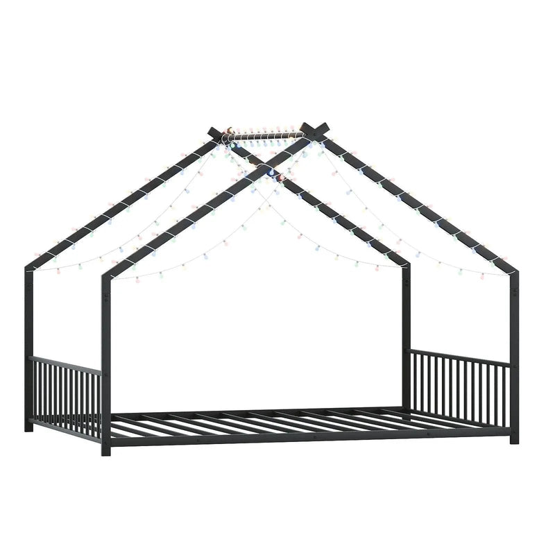 Full Size Rooftop Bed Frame LED Lights For Kids - Black by HouseOfZazla