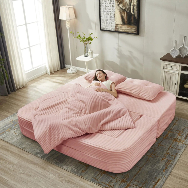 Multi Functional Sectional Sofa Bed With Independent Chaise Lounge And Functional Blanket, Convertible King Size Bed, Deep Seat - Baby Pink by HouseOfZazla