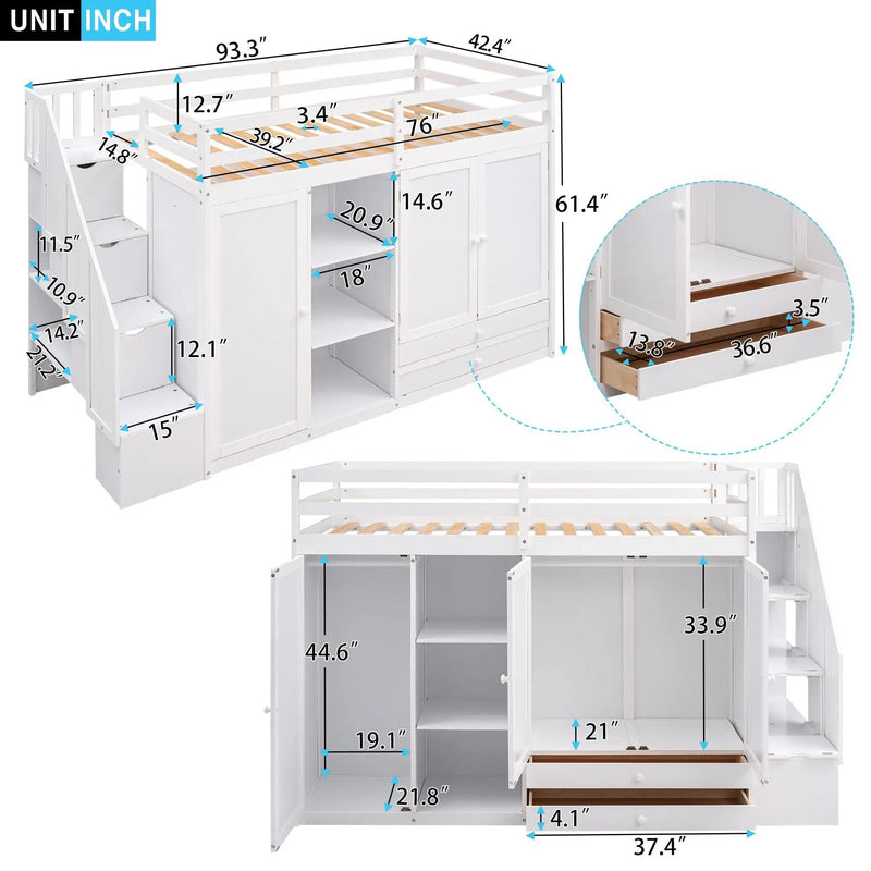 Loft Bed With 3 Shelves, 2 Wardrobes, 2 Drawers, Ladder Storage by HouseOfZazla