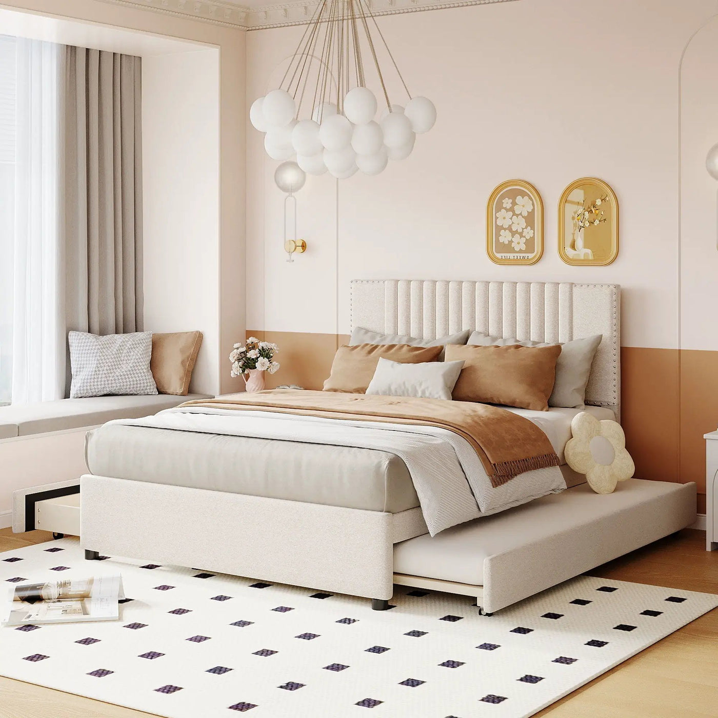 Upholstered Platform Bed With Drawers, Classic Headboard Design by HouseOfZazla
