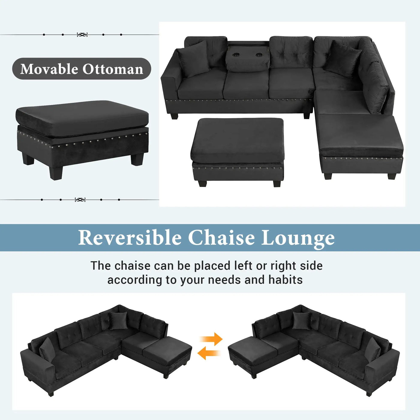 Modern Sectional Sofa With Storage Ottoman, L - Shape Couch With 2 Pillows And Cup Holders by Unique Piece Furniture