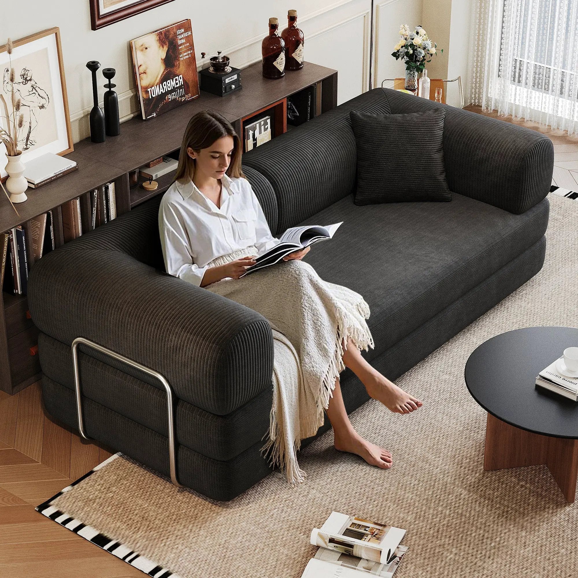 78.8' Compression Sofa,Convertible Floor Sofa Bed-with Pillow Back Support Armrest,Comfy Futon Couch Sleeper Bed,Loveseats Boneless Modular Sectional Sofa,Corduroy fabric,for Living Room,Bedroom,Black by HouseOfZazla