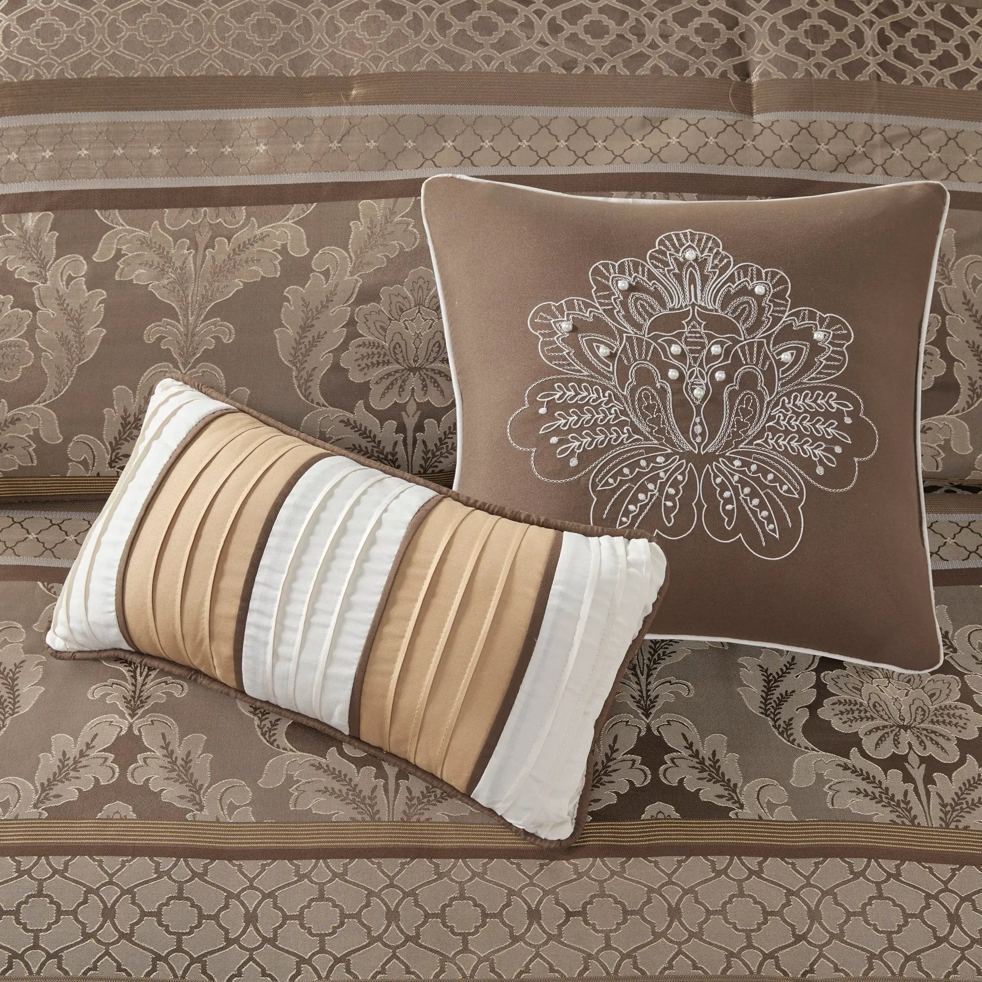 7 Piece Jacquard Comforter Set Brown/Gold Queen by HouseOfZazla