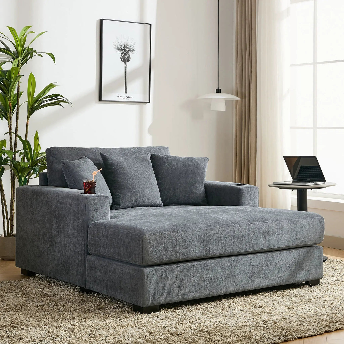 Oversized Chaise Lounger Modern Style Sofa Couch With Pillows, Charge Station & Cup Holders by HouseOfZazla