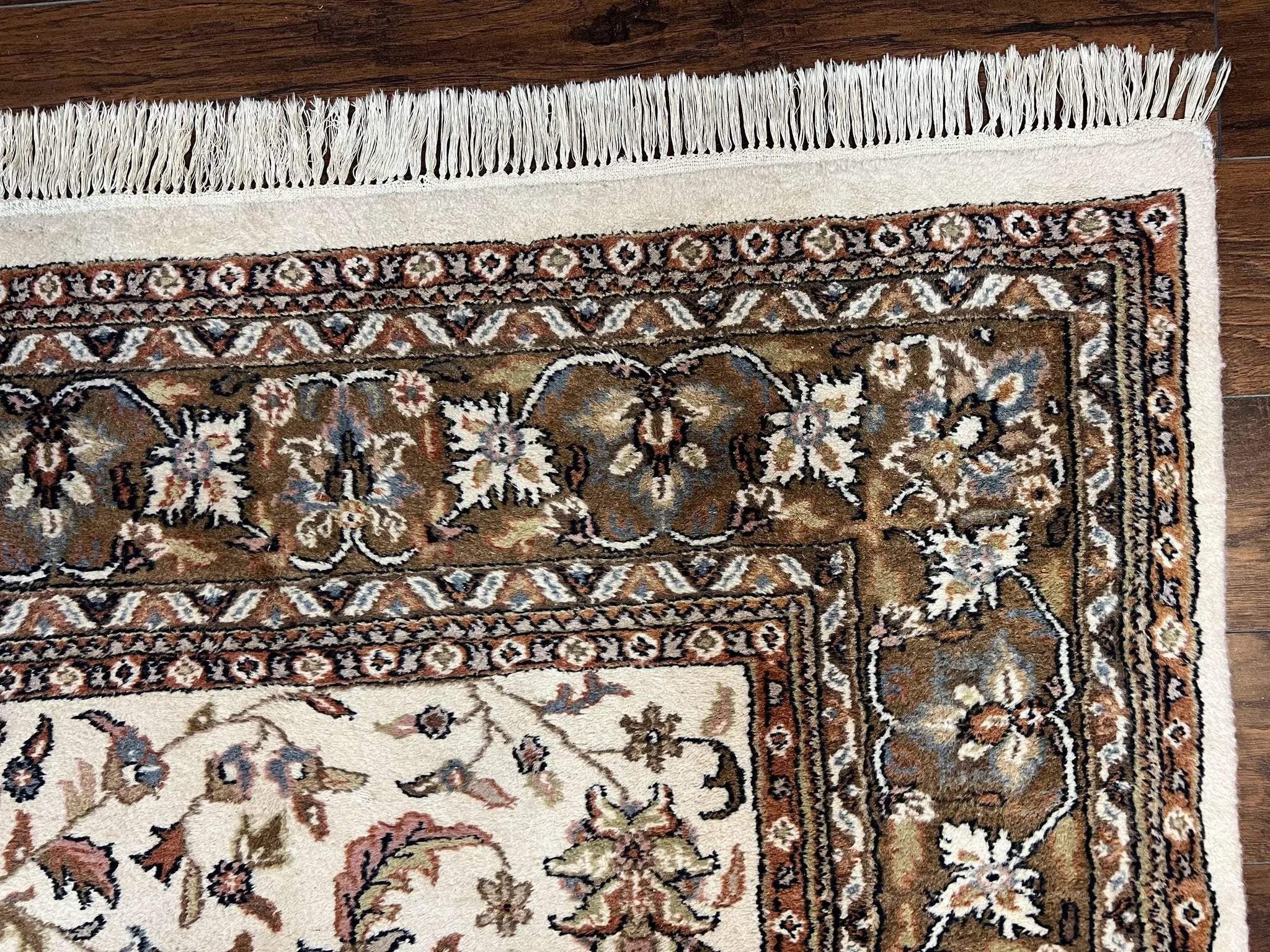 Indo Kirman Rug 8x12 Allover Floral Design, Ivory/Cream Brown, Vintage Handmade Hand Knotted Rug, Traditional Wool Persian Carpet 8 x 12 by Jewel Rugs
