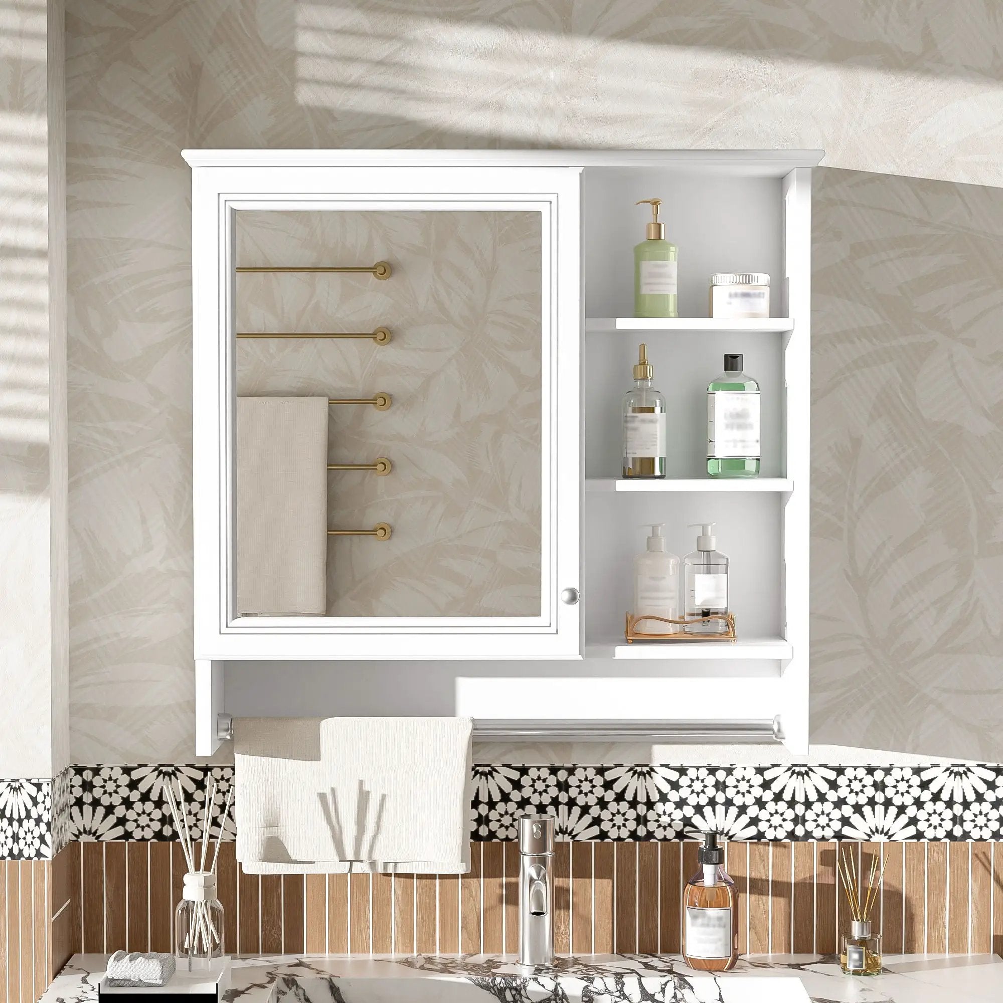 Wall Mount 2 In 1 Mirror Cabinet With Adjustable Shelf, Soft-Closing Hinges