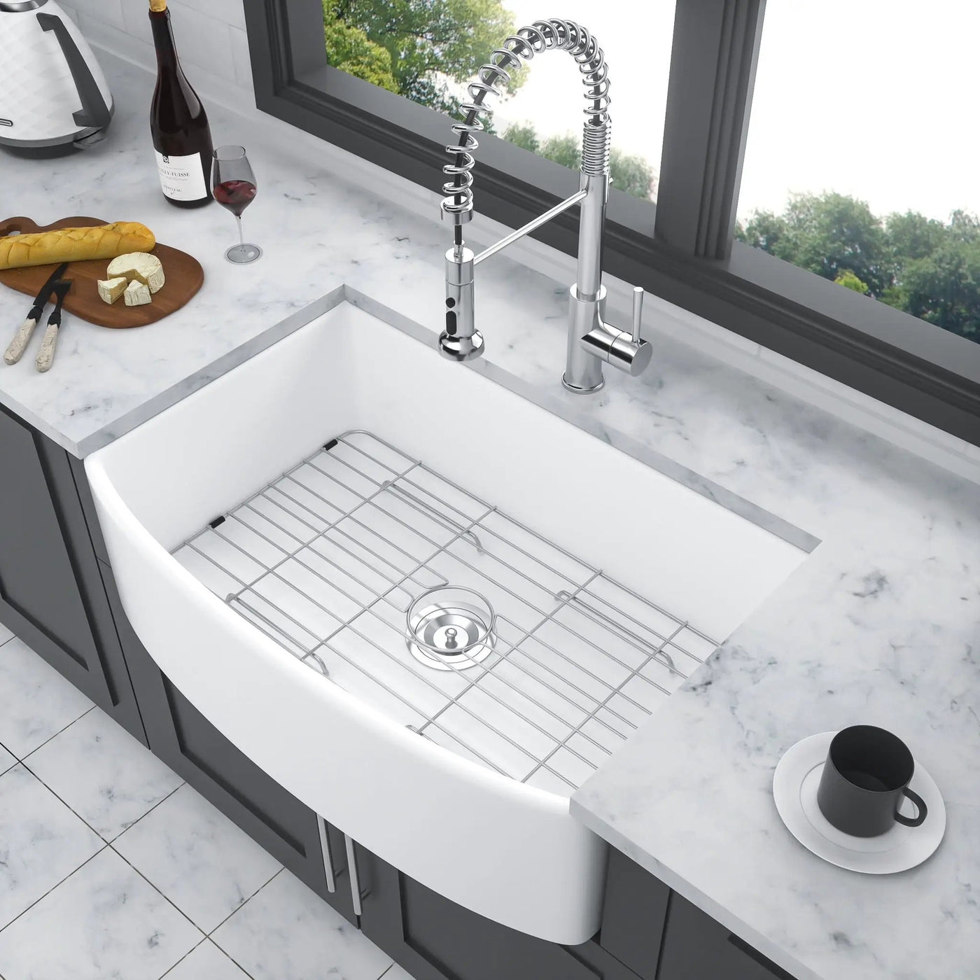 Ceramic Farmhouse Sink, Apron Front Single Bowl With Arch Edge by HouseOfZazla