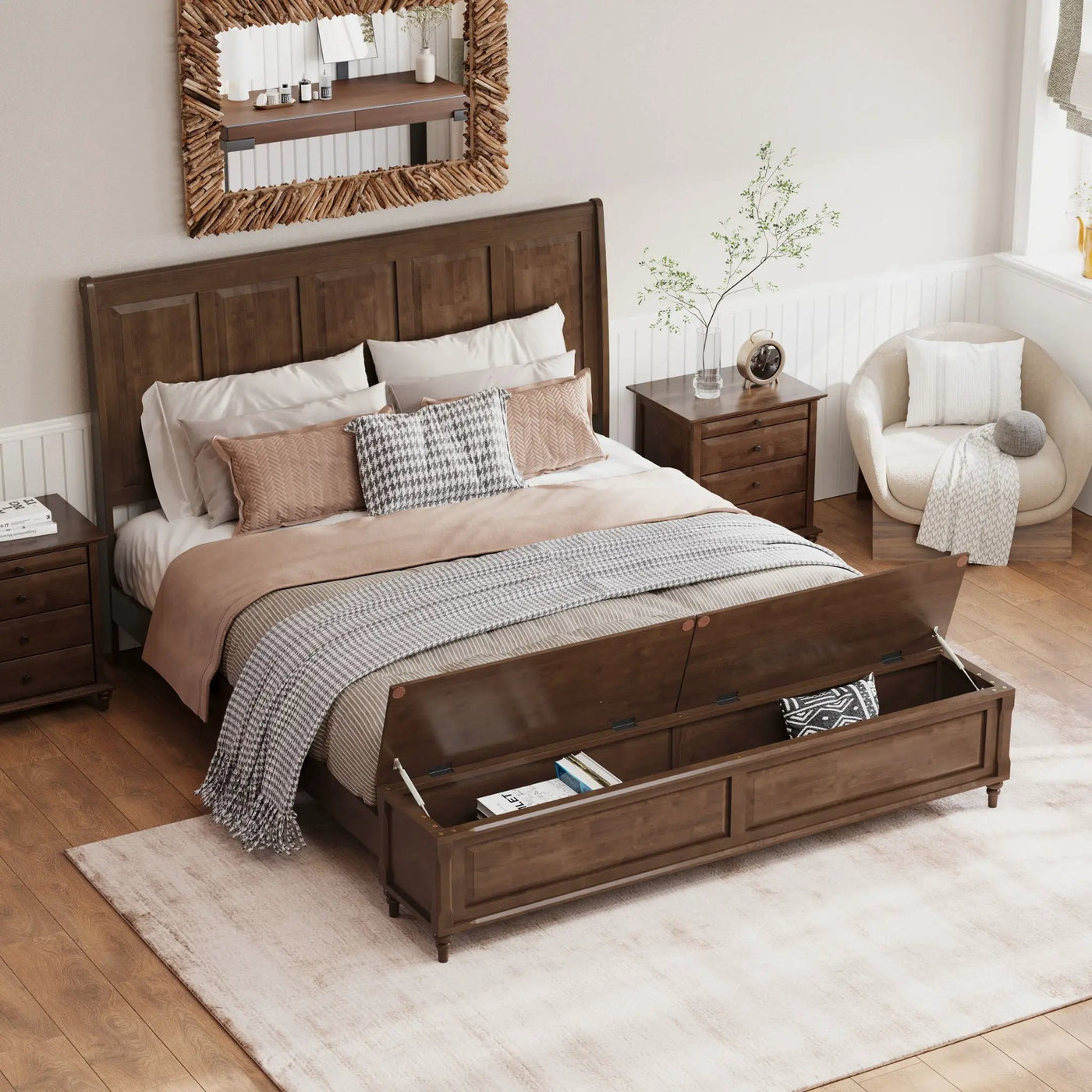 Sleigh Bed Frame With Tall Headboard And Storage Bench by HouseOfZazla