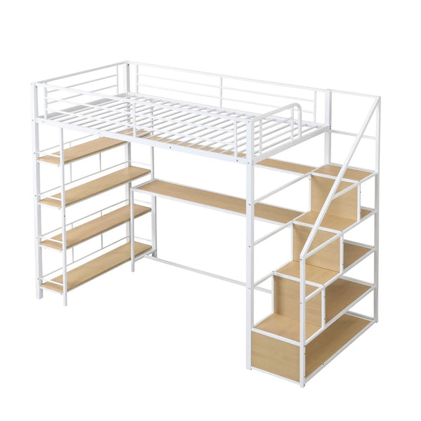 Twin Size Loft Bed With Built In Desk, Staircase Storage & 4 Tier Shelves - White