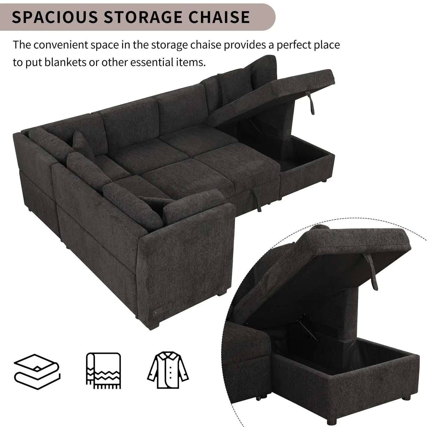 U-Shaped Sectional Sofa Pull Out Sofa Bed With Two USB Ports, Two Power Sockets, Three Back Pillows And A Storage Chaise For Living Room by Unique Piece Furniture
