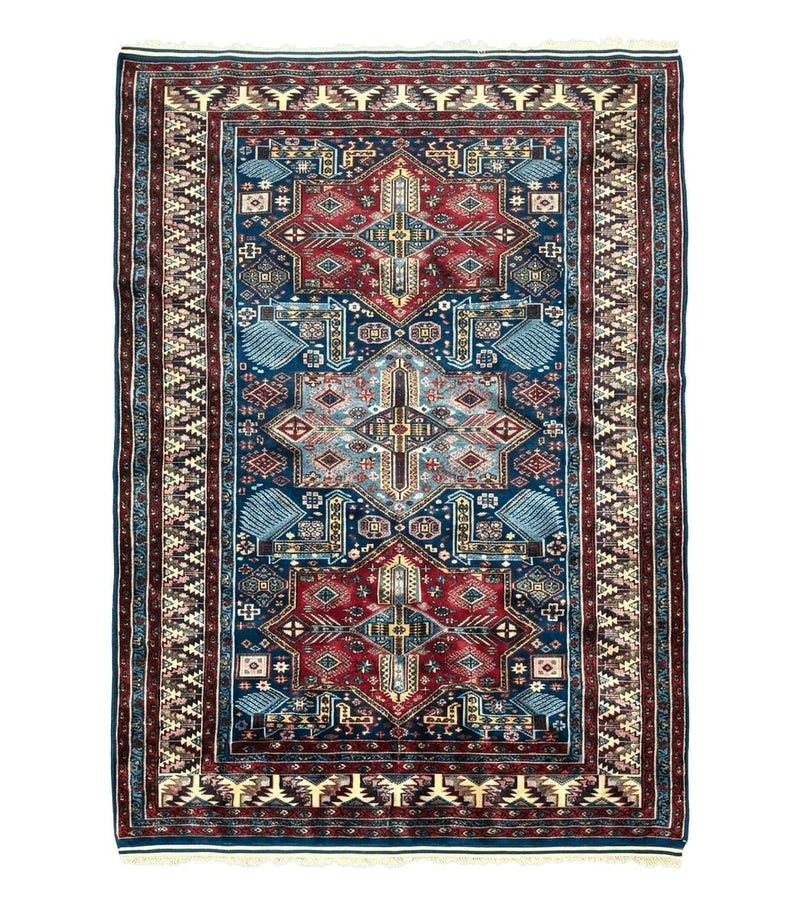Indian Rug with Caucasian Design, 4x6 Geometric Carpet, Navy Blue and Cream by Jewel Rugs