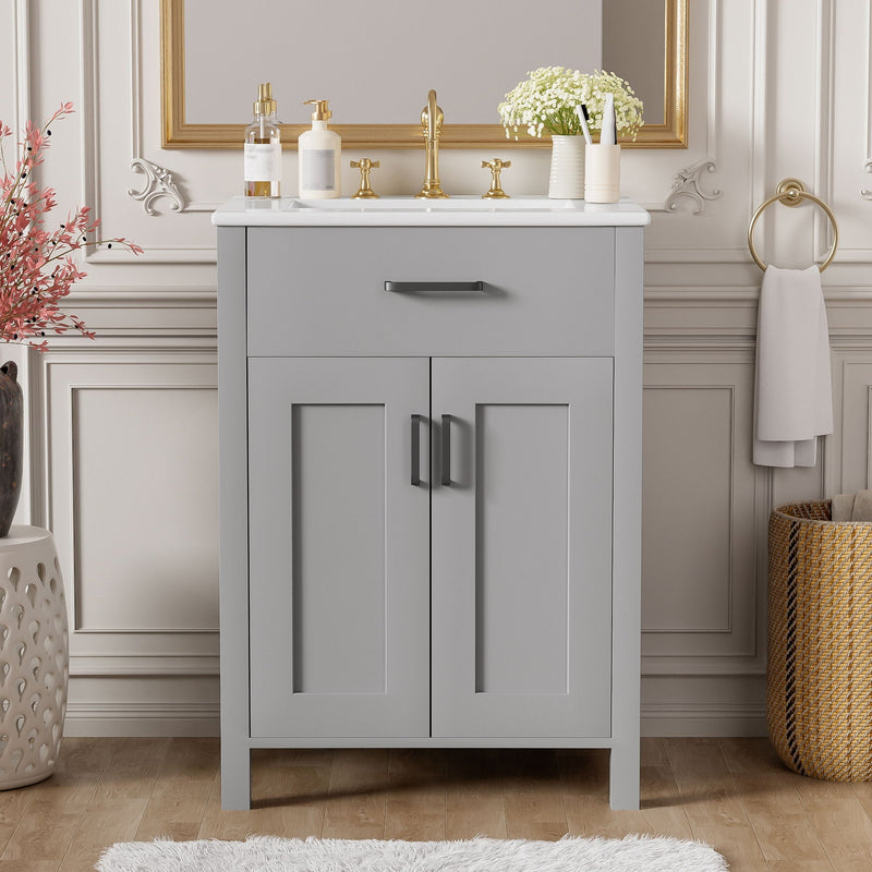 Bathroom Vanity With Ceramic Sink, Soft Close Doors, Flip Drawer, Double Layer Door Shelves by HouseOfZazla