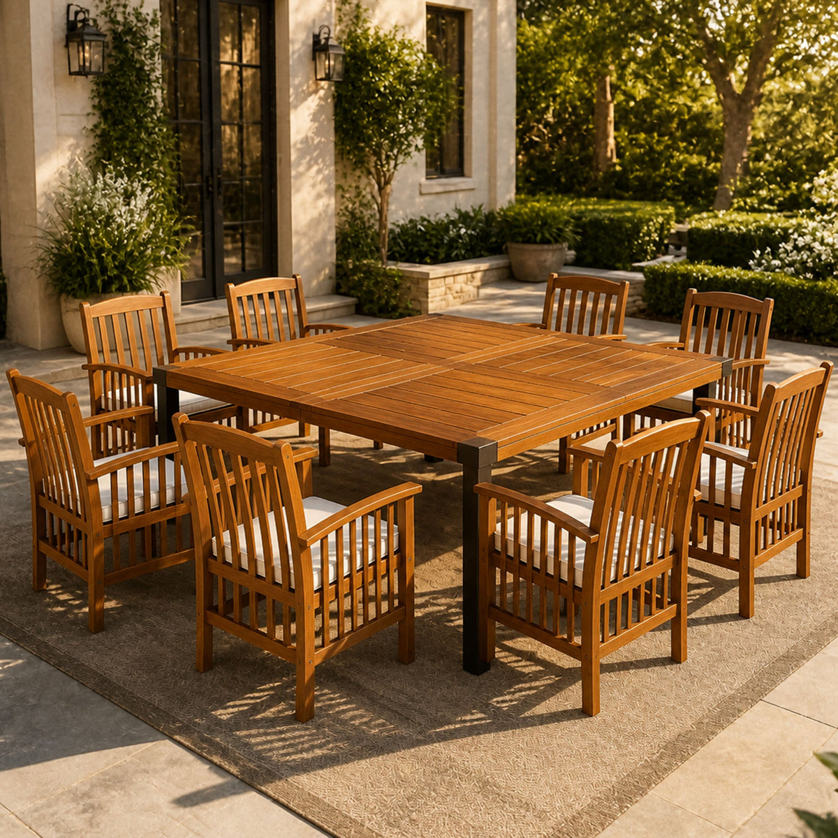 9‑Piece Acacia Wood Outdoor Patio Dining Set, 64" Square Teak Finish Wooden Table with 8 Pcs Acacia Wood Chairs