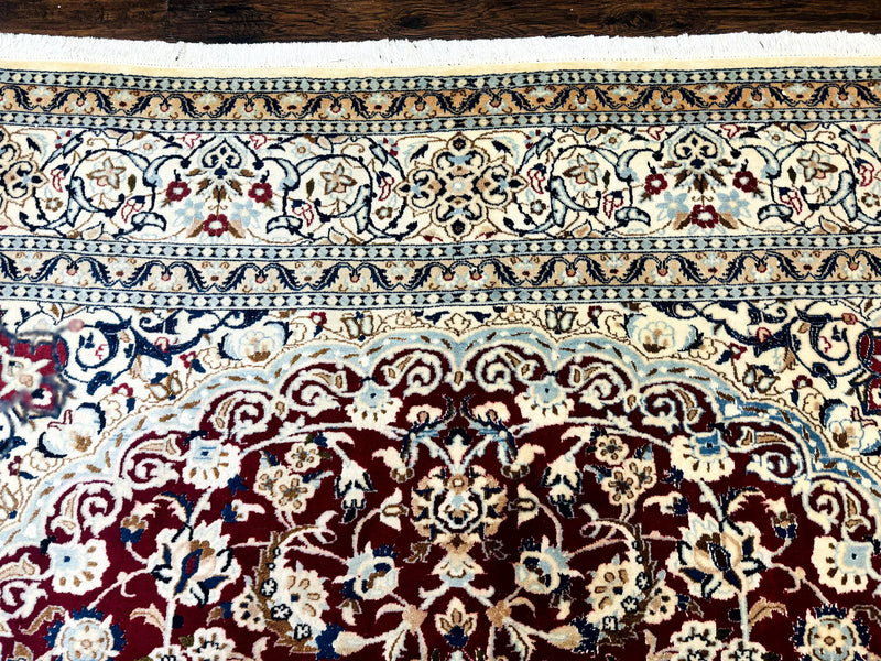 Persian Nain Rug 8x11, Wool and Silk Highlights, Burgundy & Ivory by Jewel Rugs