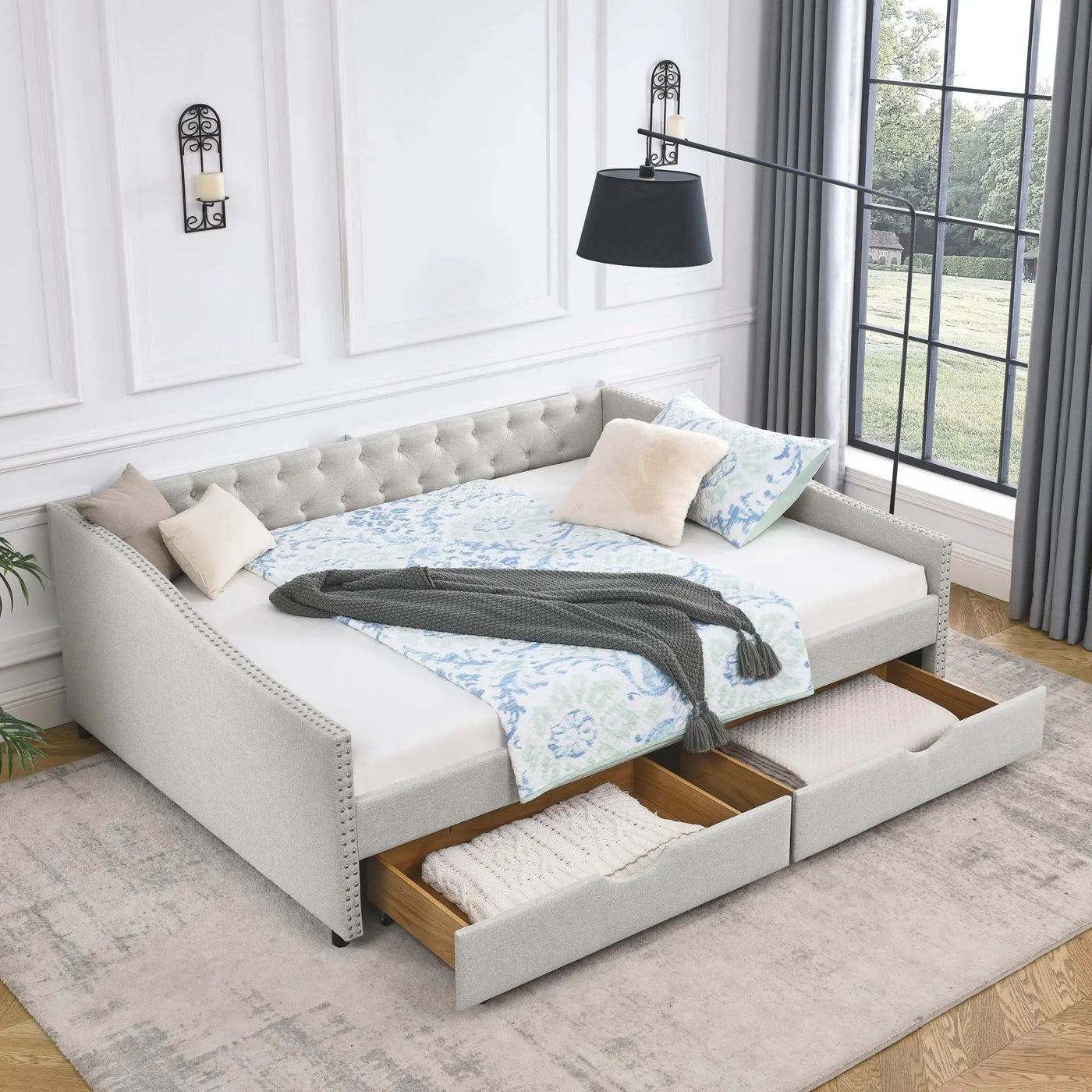 Upholstered Tufted Daybed With Drawers, Waved Arms by HouseOfZazla