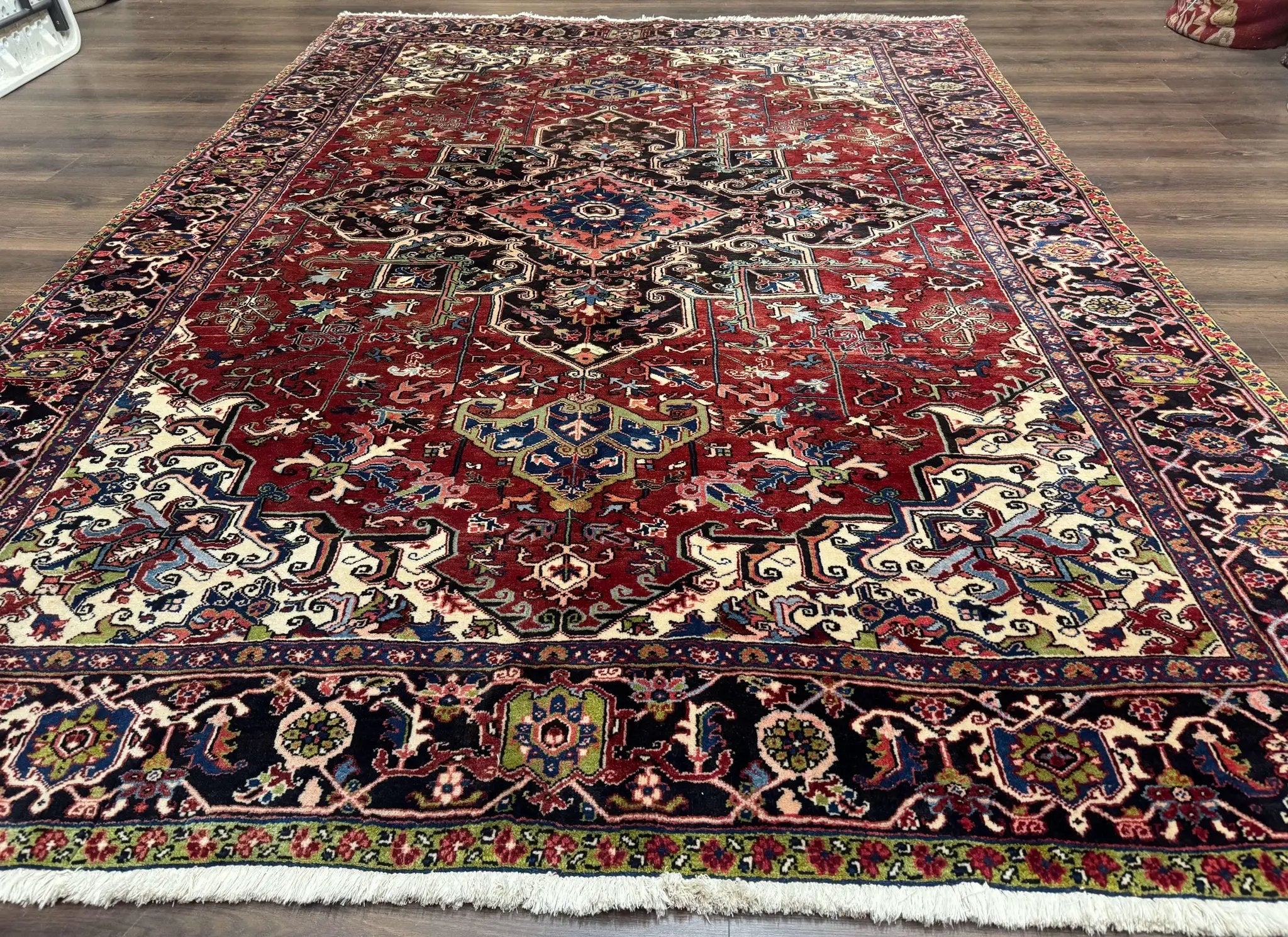 Antique Persian Heriz Rug 8x11, Geometric Tribal Wool Carpet, Brick Red by Jewel Rugs