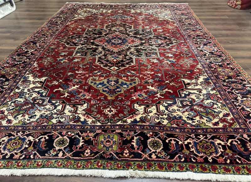 Antique Persian Heriz Rug 8x11, Geometric Tribal Wool Carpet, Brick Red by Jewel Rugs