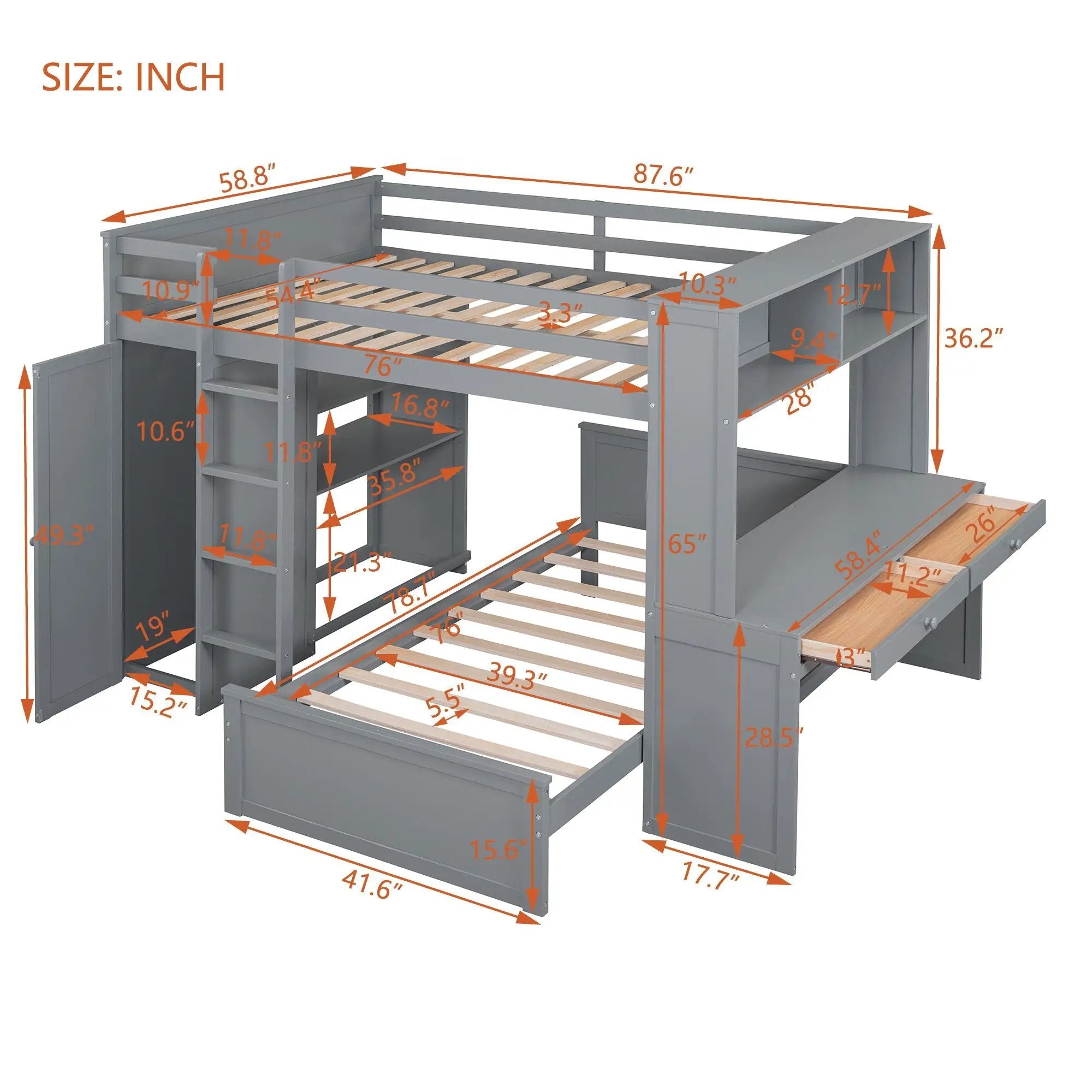 Loft Bed With A Twin Size Standalone Bed, Shelves, Desk, And Wardrobe by HouseOfZazla