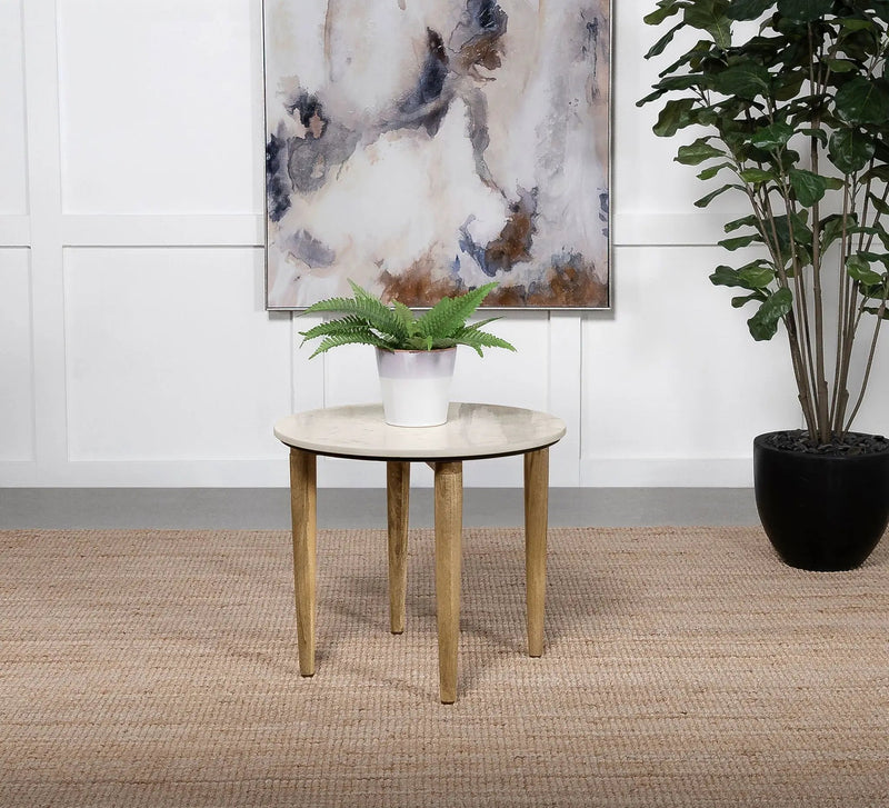 Aldis Round Marble Top Side End Table White and Natural by Unique Piece Furniture
