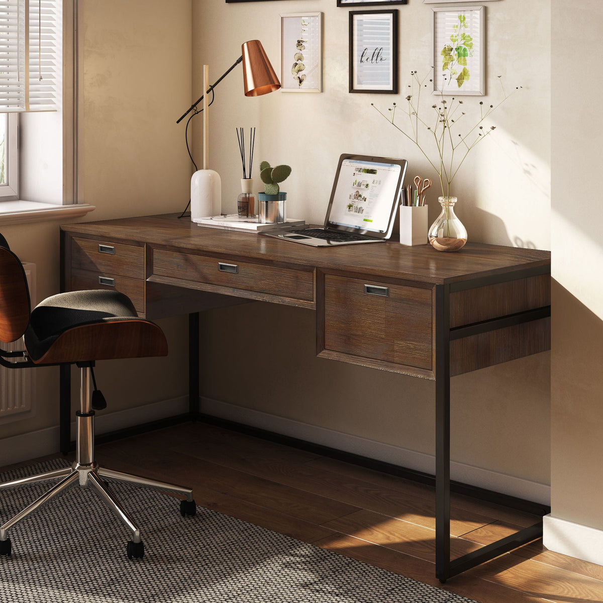 Solid Wood Writing Desk with Storage Drawers and Keyboard Tray - Rustic Natural Aged Brown, photo 5 of 5