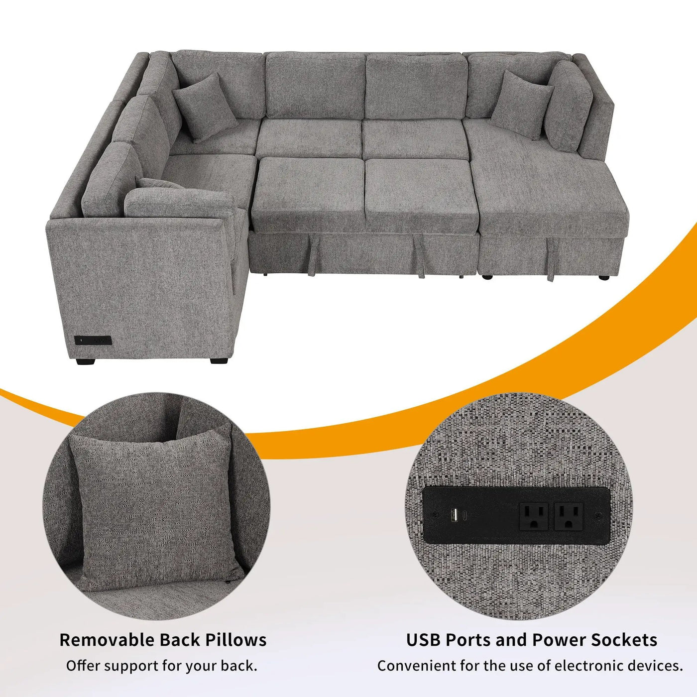 U-Shaped Sectional Sofa Pull Out Sofa Bed With Two USB Ports, Two Power Sockets, Three Back Pillows And A Storage Chaise For Living Room by Unique Piece Furniture