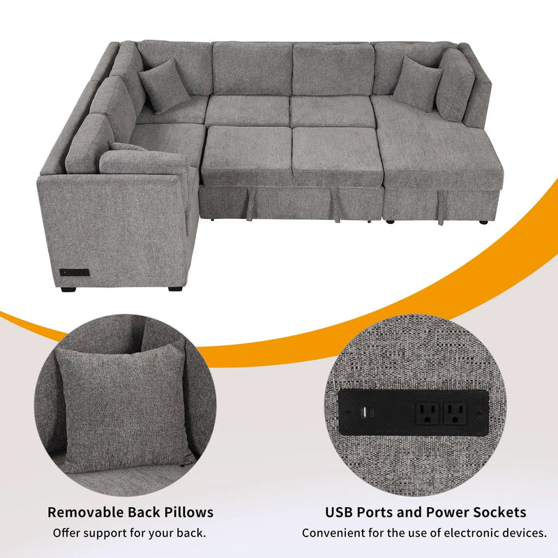 U-Shaped Sectional Sofa Pull Out Sofa Bed With Two USB Ports, Two Power Sockets, Three Back Pillows And A Storage Chaise For Living Room by HouseOfZazla