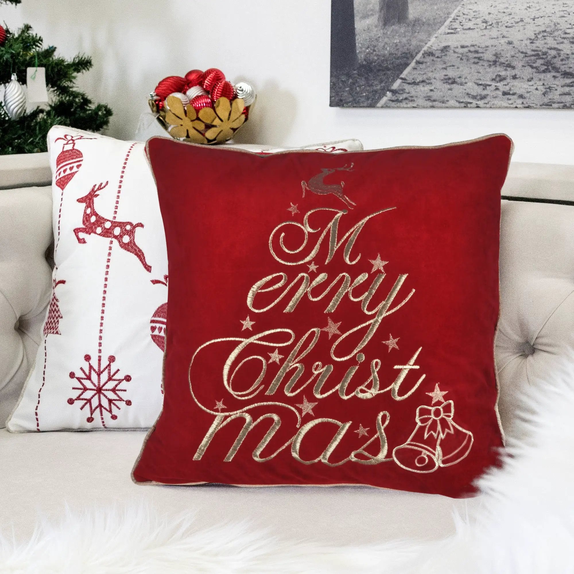 Red Velvet Christmas Throw Pillow with Merry Christmas Embroidery by HouseOfZazla